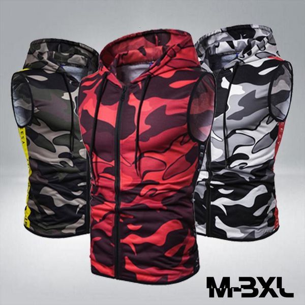 mens camouflage zipper hooded sleeveless printed fitness sports vest, White;black 
mens camouflage zipper hooded sleeveless printed fitness sports vest, White;black