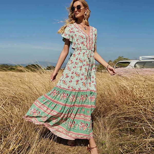 jastie v-neck short sleeve summer dress floral printed bohemian maxi dresses casual beach women clothing female vestidos 210419, White
