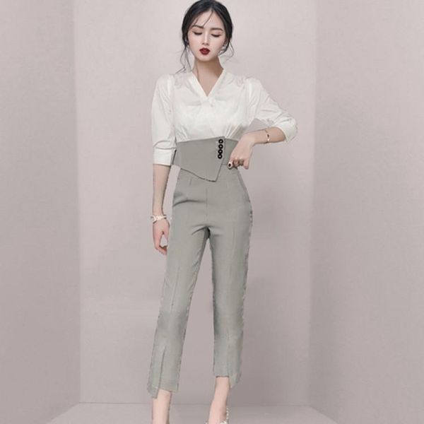2021 spring women 2 piece set elegant office lady outfits hit color blouse and ol plaid pants fashion sets women's two, White
2021 spring women 2 piece set elegant office lady outfits hit color blouse and ol plaid pants fashion sets women's two, White