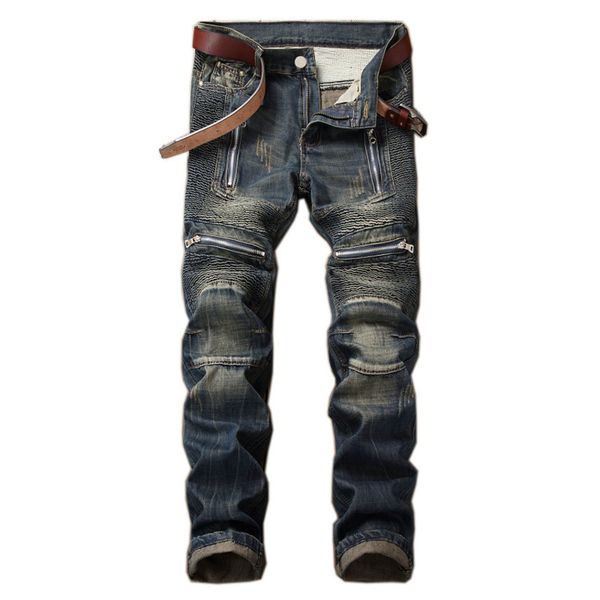 men's straight leg vintage punk fashion jeans, motorcycle pockets and zippers, men's retail cloth, Blue
men's straight leg vintage punk fashion jeans, motorcycle pockets and zippers, men's retail cloth, Blue