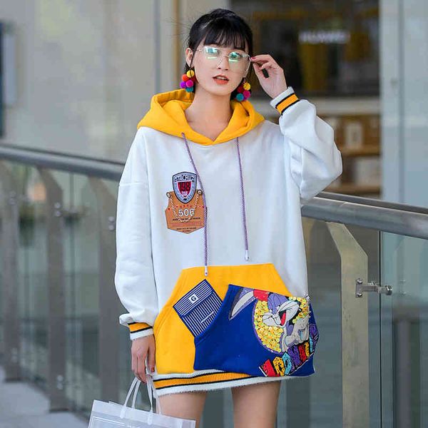 hoodies europe station autumn and winter heavy industry patch sequined hooded sweater women plus velvet padded top, Black 
hoodies europe station autumn and winter heavy industry patch sequined hooded sweater women plus velvet padded top, Black