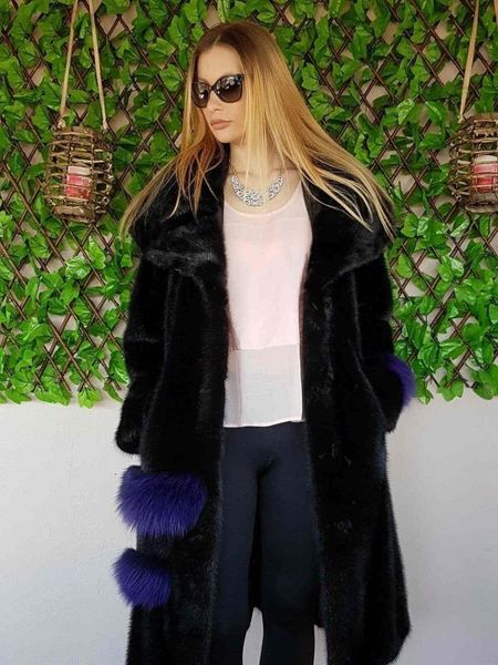 arlenesain custom design black patchwork some purple fur women coat with belt
