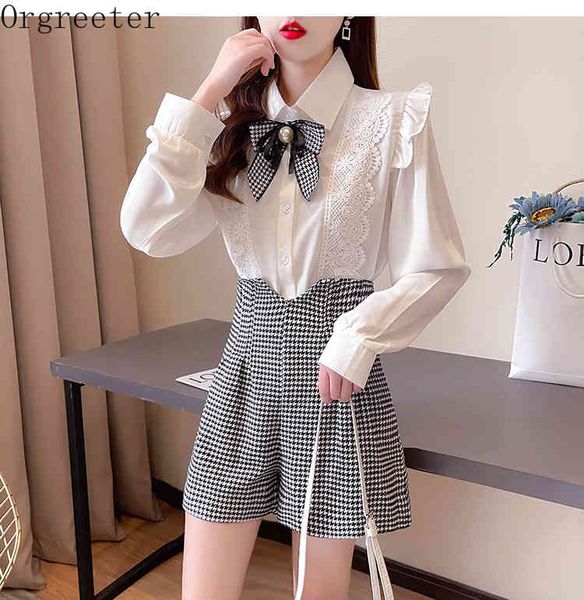 preppy style shirt shorts 2 piece set women ruffles lace trim white + wide leg houndstooth suits with pearl bow 210525
preppy style shirt shorts 2 piece set women ruffles lace trim white + wide leg houndstooth suits with pearl bow 210525