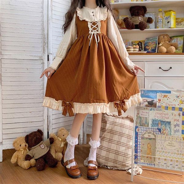 casual dresses lolita splicing japanese autumn kawaii cosplay loli dress sweet soft girl bow full sleeve cute ruffles brown stripe, Black;gray
casual dresses lolita splicing japanese autumn kawaii cosplay loli dress sweet soft girl bow full sleeve cute ruffles brown stripe, Black;gray