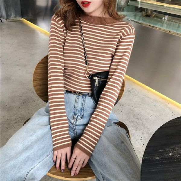 women's sweaters khaki striped elasticity knit half turtleneck sweater women pullover streetwear student fall thin bottoming shirt prep, White;black
women's sweaters khaki striped elasticity knit half turtleneck sweater women pullover streetwear student fall thin bottoming shirt prep, White;black