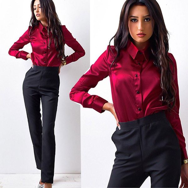 button office wear womens shirt satin long sleeve plus size turndown collar elegant red p3, White
button office wear womens shirt satin long sleeve plus size turndown collar elegant red p3, White