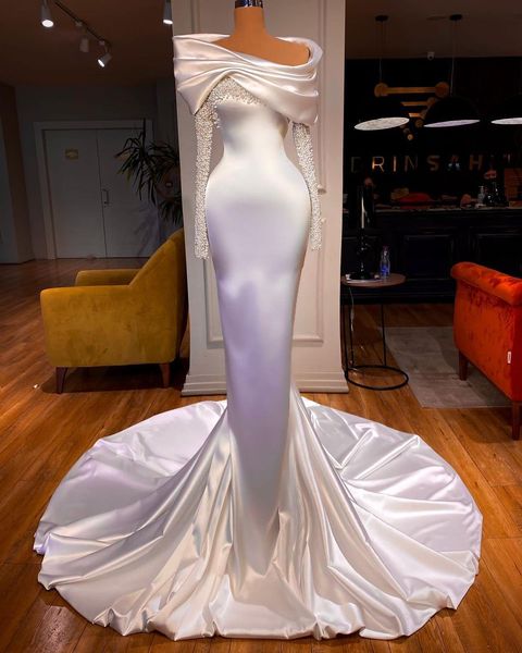 pearls simple mermaid wedding dresses off shoulder ruffles bridal gown custom made odest long sleeves sweep train robes de mariée, White
pearls simple mermaid wedding dresses off shoulder ruffles bridal gown custom made odest long sleeves sweep train robes de mariée, White