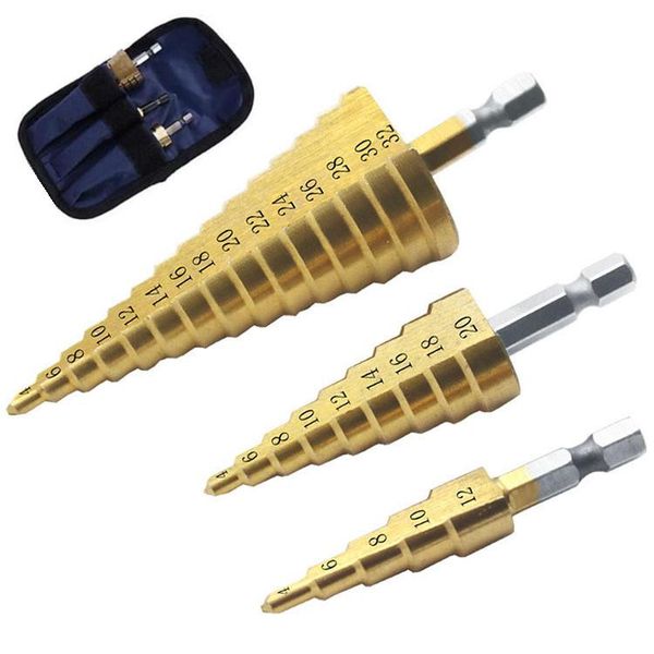 professional drill bits 3pc hss step bit set cone hole cutter taper metric 1/4 " titanium coated metal hex core tricorn
professional drill bits 3pc hss step bit set cone hole cutter taper metric 1/4 " titanium coated metal hex core tricorn