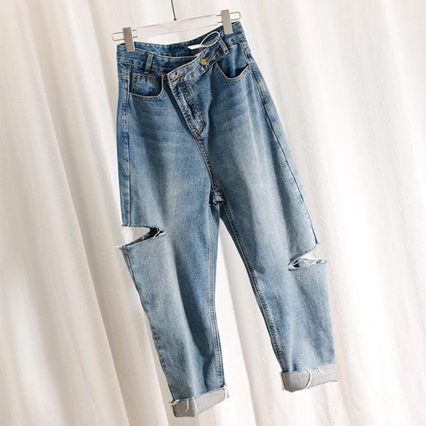 women's jeans high waisted irregular denim trousers casual femme loose vintage streetwear ripped hole baggy harem pants q4749, Blue
women's jeans high waisted irregular denim trousers casual femme loose vintage streetwear ripped hole baggy harem pants q4749, Blue