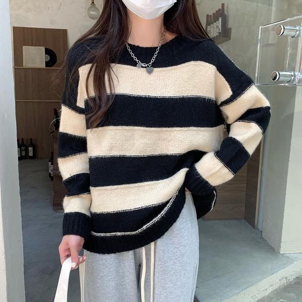 women's sweaters casual sweater 2021 autumn and winter loose round neck striped thick pullover korean fashion clothing, White;black
women's sweaters casual sweater 2021 autumn and winter loose round neck striped thick pullover korean fashion clothing, White;black