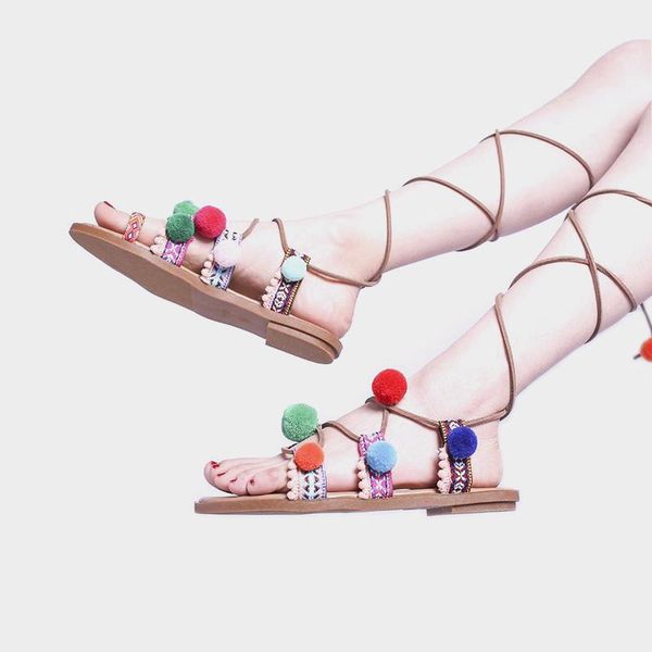 sandals flats summer women cross binding tassel color fur ball flat bottom roman women's bohemian sandalias slides, Black 
sandals flats summer women cross binding tassel color fur ball flat bottom roman women's bohemian sandalias slides, Black