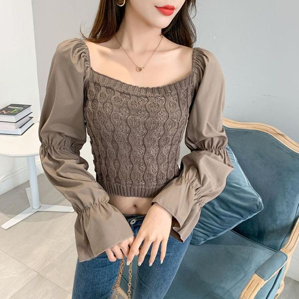 women's sweaters patchwork flare long sleeve women sweater korean slim square collar ladies knit short pullover 2021 autumn crop top, White;black
women's sweaters patchwork flare long sleeve women sweater korean slim square collar ladies knit short pullover 2021 autumn crop top, White;black