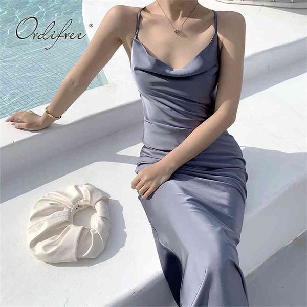 summer women satin slip dress spaghetti strap backless slit long party 210513, Black;gray