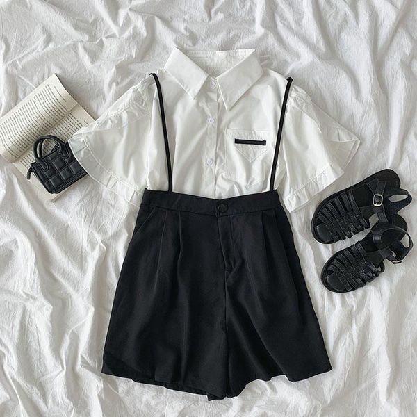 women's tracksuits summer elegant fashion short set women casual white shirt + high waist strapless black matching suit two pieces, Gray
women's tracksuits summer elegant fashion short set women casual white shirt + high waist strapless black matching suit two pieces, Gray