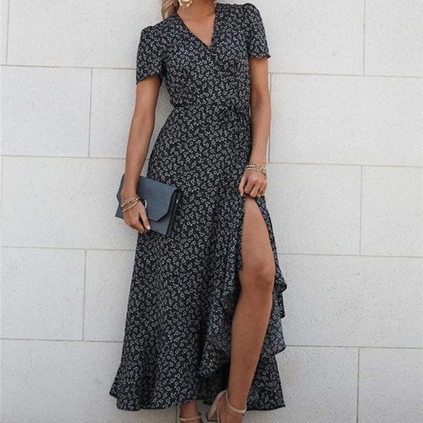 women's swimwear women floral print v neck ruffle hem short sleeve wrap maxi dress streetwear for summer fashion beach long ladies dres, White;black
women's swimwear women floral print v neck ruffle hem short sleeve wrap maxi dress streetwear for summer fashion beach long ladies dres, White;black