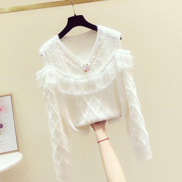 women's sweaters japanese kawaii heavy beaded white sweater soft girl v-neck sequin mesh lace off-shoulder twist knit, White;black
women's sweaters japanese kawaii heavy beaded white sweater soft girl v-neck sequin mesh lace off-shoulder twist knit, White;black