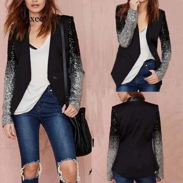 women spring autumn chic elegant coat sparkling sequin bling long sleeve jacket outerwear clothing women's jackets, Black;brown
women spring autumn chic elegant coat sparkling sequin bling long sleeve jacket outerwear clothing women's jackets, Black;brown