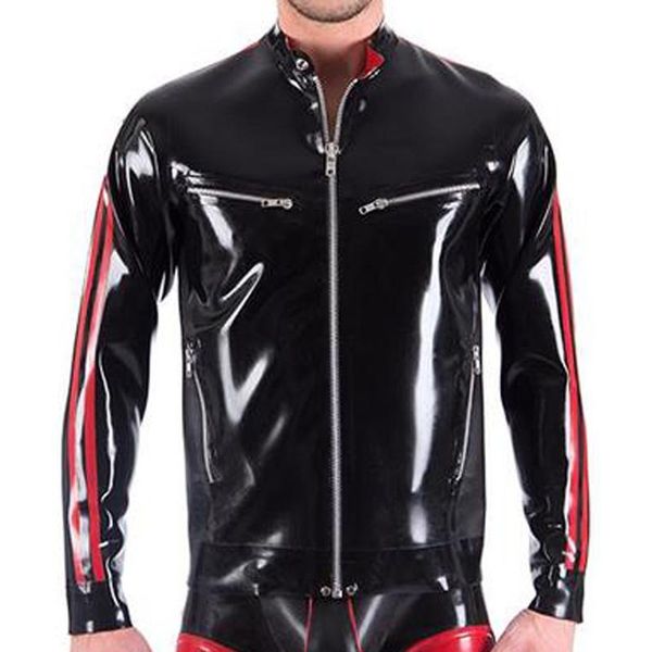 men's jackets black and red stripes at two sides latex jacket with front zippers breast pockets fake zip rubber coat yf-0244, Black;brown
men's jackets black and red stripes at two sides latex jacket with front zippers breast pockets fake zip rubber coat yf-0244, Black;brown