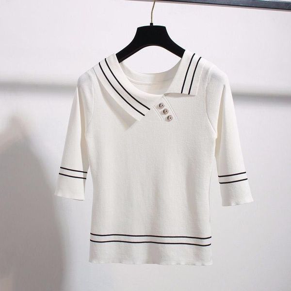 button decoration mid-sleeved knitted sweater women irregular lapel slim striped bottoming pullover jumpers female spring 2021 women's, White;black
button decoration mid-sleeved knitted sweater women irregular lapel slim striped bottoming pullover jumpers female spring 2021 women's, White;black