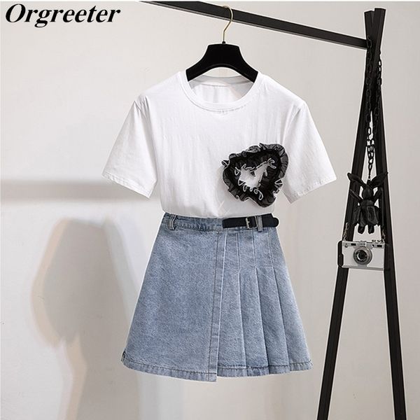 summer korean fashion lace appliques love cotton tshirt and denim pleated skirt two-piece set women 210525, White