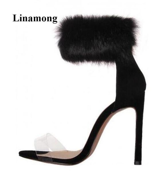 women sandals pointed transparent band and ankle strap faux fur white thin heels shoes dress, Black
women sandals pointed transparent band and ankle strap faux fur white thin heels shoes dress, Black