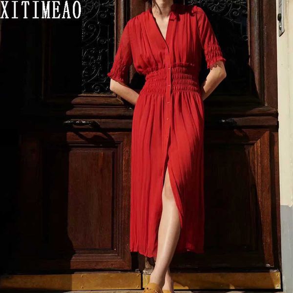 za women red chiffon dress half sleeve v neck high waist slim long length female holiday dess 210604, Black;gray
za women red chiffon dress half sleeve v neck high waist slim long length female holiday dess 210604, Black;gray