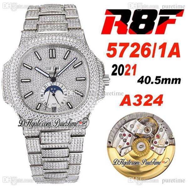 2021 r8f 5726/1a cal a324 automatic mens watch moon phase steel paved diamonds dial stick iced out with bling diamond bracelet super edition, Slivery;brown
2021 r8f 5726/1a cal a324 automatic mens watch moon phase steel paved diamonds dial stick iced out with bling diamond bracelet super edition, Slivery;brown