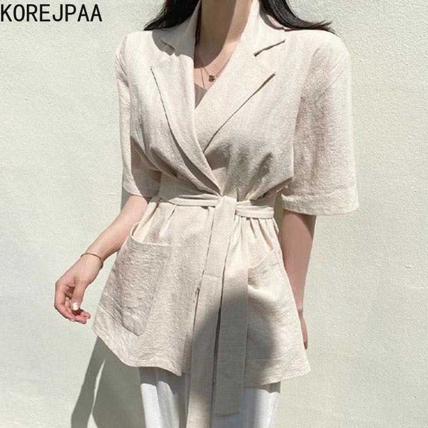 korejpaa women jacket summer korean chic minimalism temperament suit collar waist thin solid color short-sleeved jackets 210526, Black;brown 
korejpaa women jacket summer korean chic minimalism temperament suit collar waist thin solid color short-sleeved jackets 210526, Black;brown