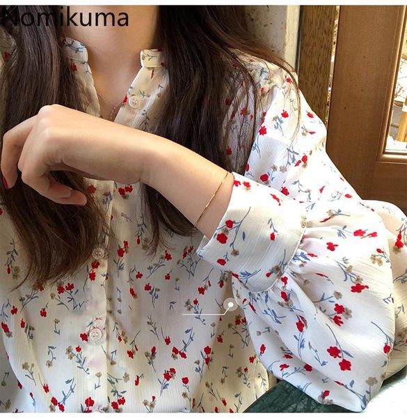 women's blouses & shirts nomikuma 2021 spring summer floral chiffon women blouse long sleeve single breasted v neck causal blusas korea, White
women's blouses & shirts nomikuma 2021 spring summer floral chiffon women blouse long sleeve single breasted v neck causal blusas korea, White