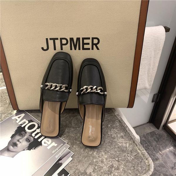 slippers metal chain women cover toe slides mule woman solid leather flipflops square pantufa shoes lady lazy slip on, Black
slippers metal chain women cover toe slides mule woman solid leather flipflops square pantufa shoes lady lazy slip on, Black