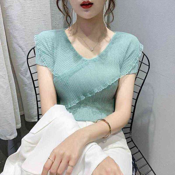 mesh splicing ruffled knitted women blouses thin section v neck short sleeve slim simple commuting lace blouse spring, White
mesh splicing ruffled knitted women blouses thin section v neck short sleeve slim simple commuting lace blouse spring, White