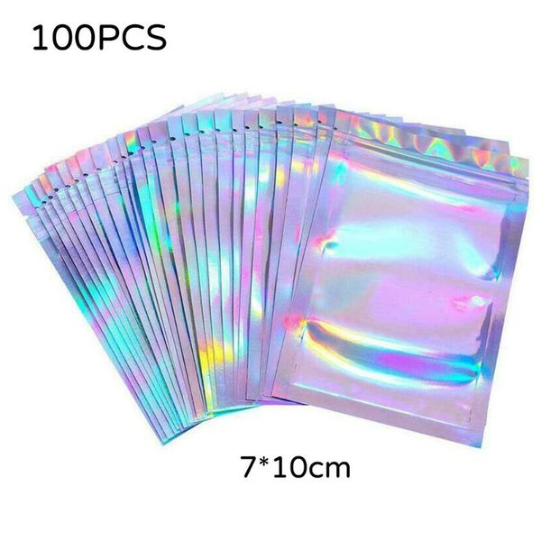 storage bags 100 pcs/set foil packaging bag thick holographic rainbow cosmetic pouches laser plastic
