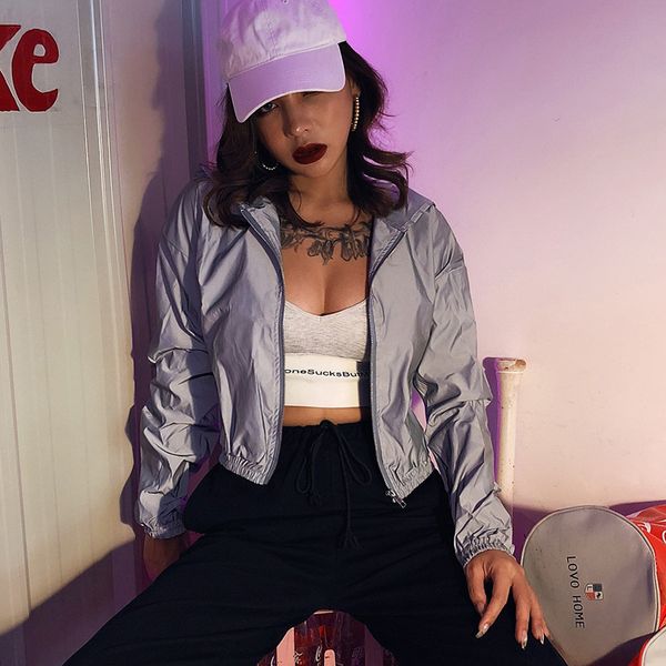 women's jackets reflected jacket with hood hip hop solid color mode zipper thin summer for women, Black;brown
women's jackets reflected jacket with hood hip hop solid color mode zipper thin summer for women, Black;brown