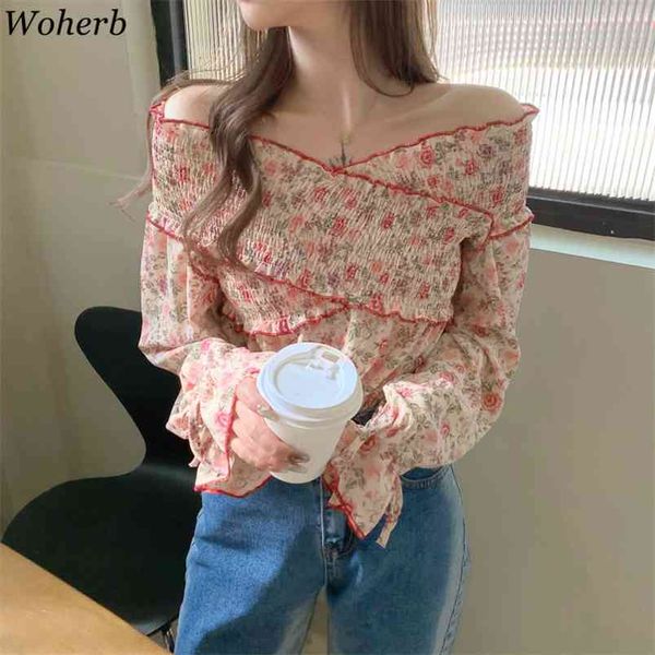 blouses women print chiffon shirt chic v-neck off shoulder blusas mujer ruffles flare sleeve sweet blouse femme 210519, White 
blouses women print chiffon shirt chic v-neck off shoulder blusas mujer ruffles flare sleeve sweet blouse femme 210519, White