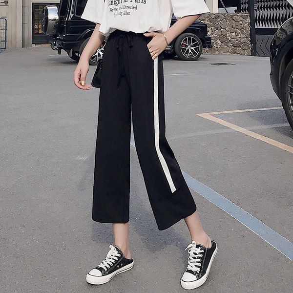 women's pants & capris wide-leg summer high waist loose drooping cropped straight thin slimming chiffon draping casual sports, Black;white 
women's pants & capris wide-leg summer high waist loose drooping cropped straight thin slimming chiffon draping casual sports, Black;white