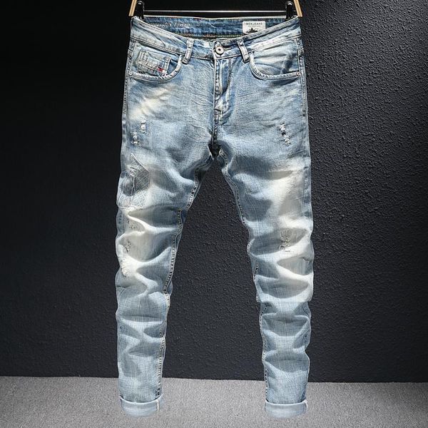 men's jeans european vintage fashion men retro light blue elastic slim fit ripped patches designer cotton denim pencil pants
men's jeans european vintage fashion men retro light blue elastic slim fit ripped patches designer cotton denim pencil pants