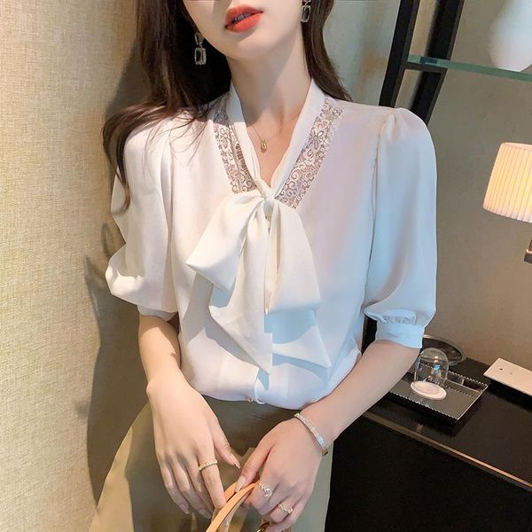 women's blouses & shirts chic lace up bow office lady shirt women fashion stitching v-neck puff sleeve summer blouse female elegant, White
women's blouses & shirts chic lace up bow office lady shirt women fashion stitching v-neck puff sleeve summer blouse female elegant, White
