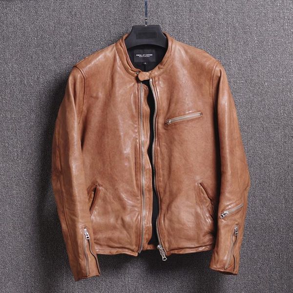 men's leather & faux slim fit real jacket fashion wrinkle yellow motorcycle men water finish biker male, Black
men's leather & faux slim fit real jacket fashion wrinkle yellow motorcycle men water finish biker male, Black