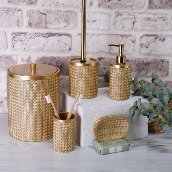 bath accessory set wicker of 5 bathroom decor gold color with dustbin, toilet brush, liquid soap dispenser, toothbrush holder, dispenser
bath accessory set wicker of 5 bathroom decor gold color with dustbin, toilet brush, liquid soap dispenser, toothbrush holder, dispenser