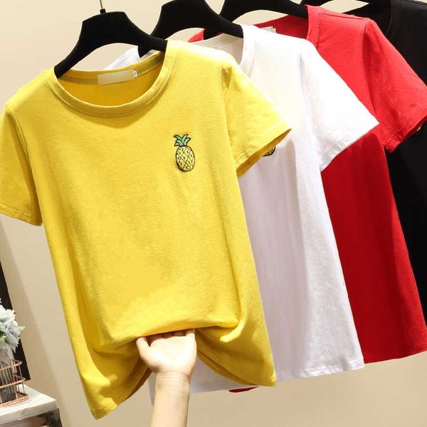 women t-shirt short sleeve cotton t shirt embroidery pineapple fruit summer female fashion tee loose red yellow white 210604
women t-shirt short sleeve cotton t shirt embroidery pineapple fruit summer female fashion tee loose red yellow white 210604