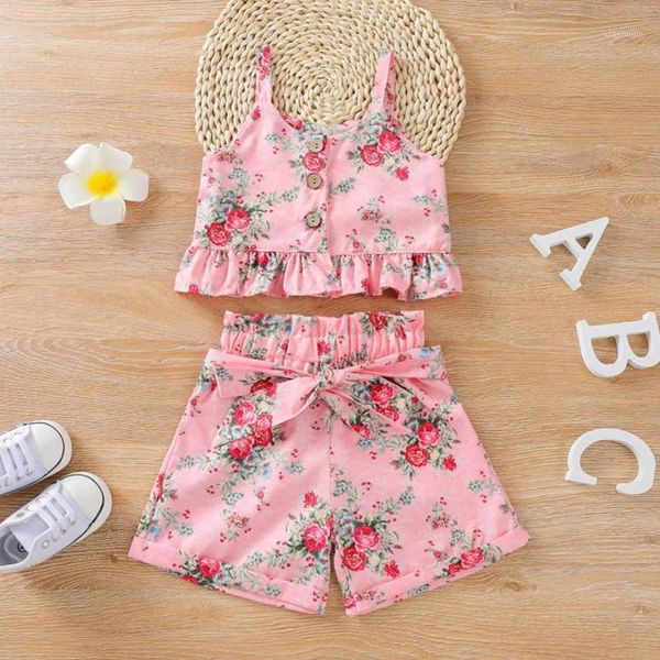 2pcs girls outfit children summer sweet style floral plant printing sleeveless lace suspender bow shorts set toddler clothing sets, White 
2pcs girls outfit children summer sweet style floral plant printing sleeveless lace suspender bow shorts set toddler clothing sets, White
