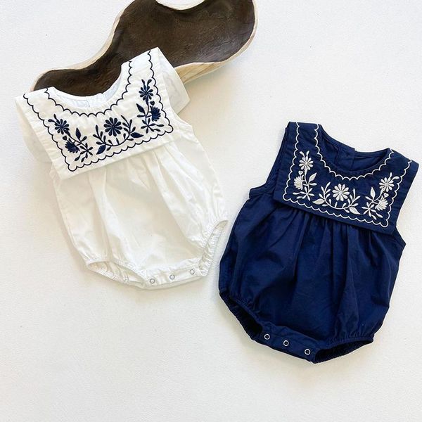 rompers navy collar embroidery born baby girls jumpsuit overall summer girl cotton sleeveless bodysuits infant clothes, Blue 
rompers navy collar embroidery born baby girls jumpsuit overall summer girl cotton sleeveless bodysuits infant clothes, Blue