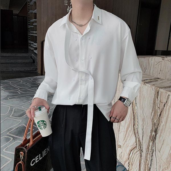 men's casual shirts autumn 2021 korean solid color long sleeve shirt men vestido social necktie design for fashion, White;black
men's casual shirts autumn 2021 korean solid color long sleeve shirt men vestido social necktie design for fashion, White;black