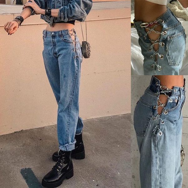 women's jeans harajuku high waist hollow out chain design slim woman leisure streetwear commute wide leg straight pants, Blue
women's jeans harajuku high waist hollow out chain design slim woman leisure streetwear commute wide leg straight pants, Blue