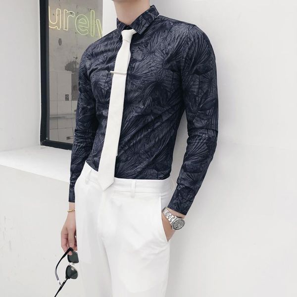 men's casual shirts luxury men long sleeve shirt fashion leaves printed slim fit for mens wedding party, White;black