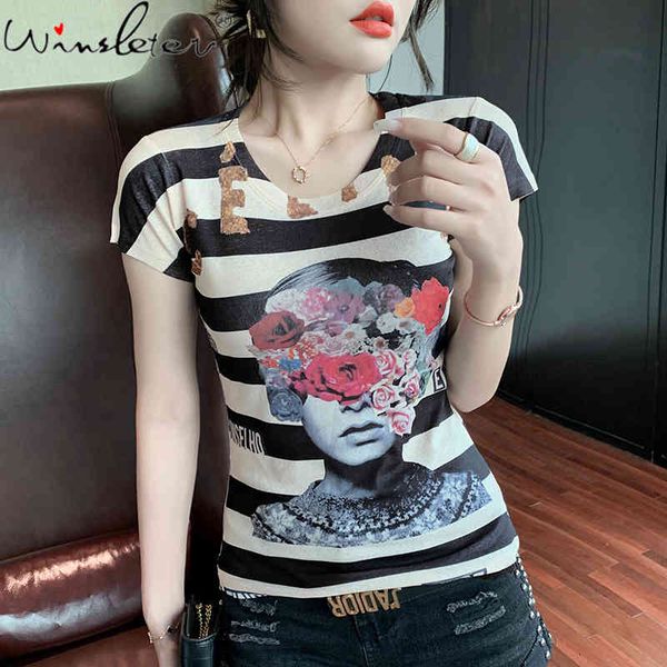 women's t-shirt summer european clothes print stripe gold blocking fashion women short sleeve bottoming shirt tees 2021 t1460, White
women's t-shirt summer european clothes print stripe gold blocking fashion women short sleeve bottoming shirt tees 2021 t1460, White