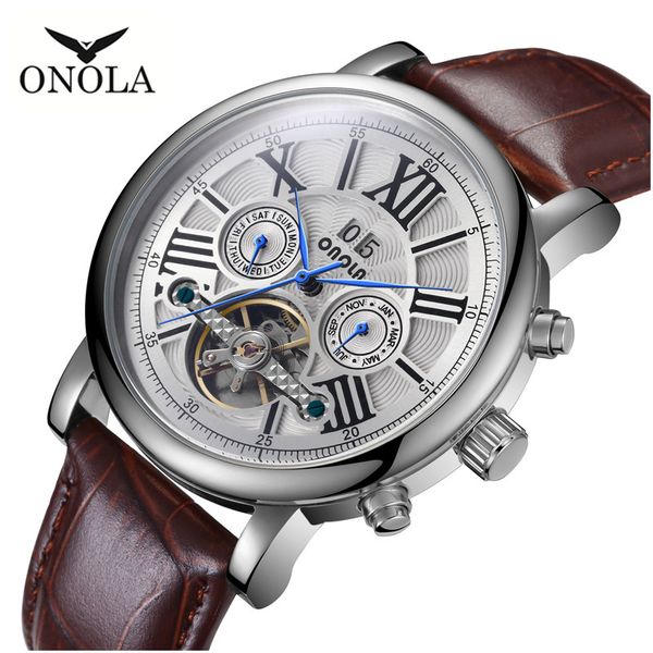 onola tour-billon fully automatic mechanical business leisure men's waterproof watch, Slivery;brown
onola tour-billon fully automatic mechanical business leisure men's waterproof watch, Slivery;brown