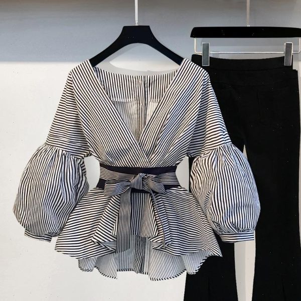 spring summer 2 piece womens pants set v neck lantern sleeve striped blouse bow tie shirt split pencil, White
spring summer 2 piece womens pants set v neck lantern sleeve striped blouse bow tie shirt split pencil, White
