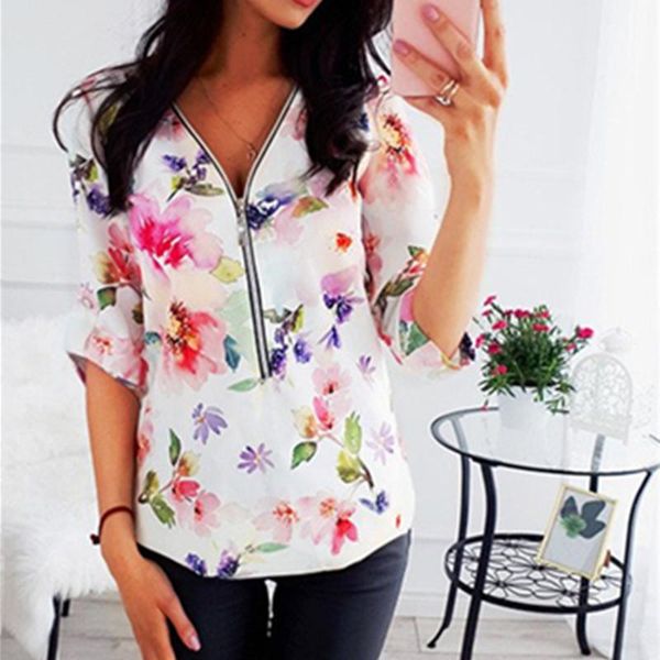women's t-shirt spring fashion roll sleeve collar zipper clothing casual floral print harajuku medium oversized, White
women's t-shirt spring fashion roll sleeve collar zipper clothing casual floral print harajuku medium oversized, White