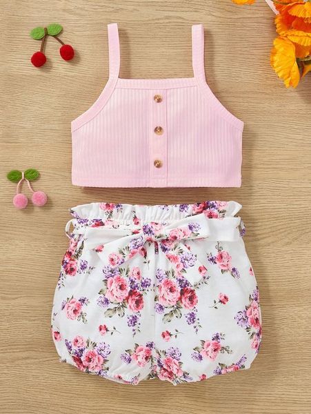 baby fake button cami & floral print belted shorts she, White
baby fake button cami & floral print belted shorts she, White